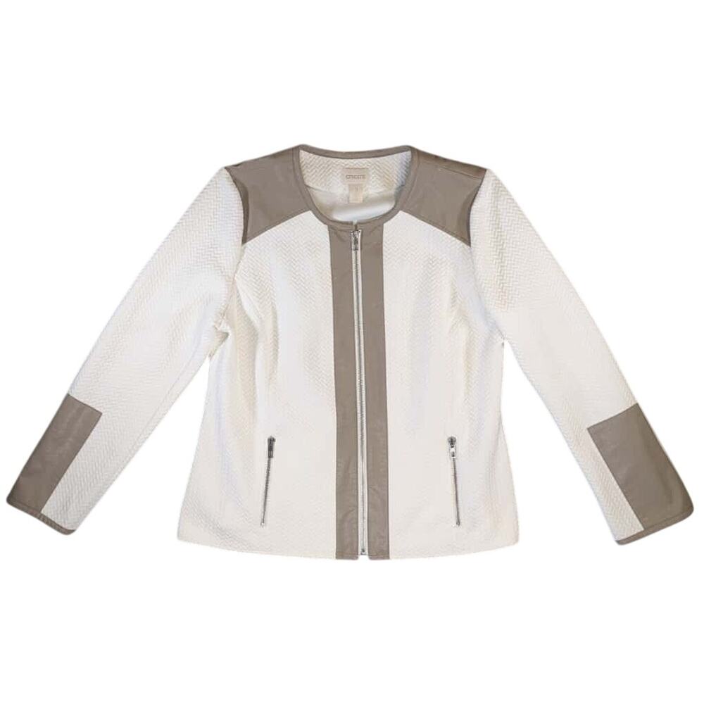 Chico’s Women L Ivory Brown Quilted Moto Jacket Faux Leather Zip Flawed